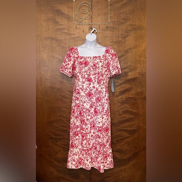 London Times Dresses & Skirts - London Times Puff Sleeve Linen Midi Dress Womens Plus 18W Red Floral Wedding